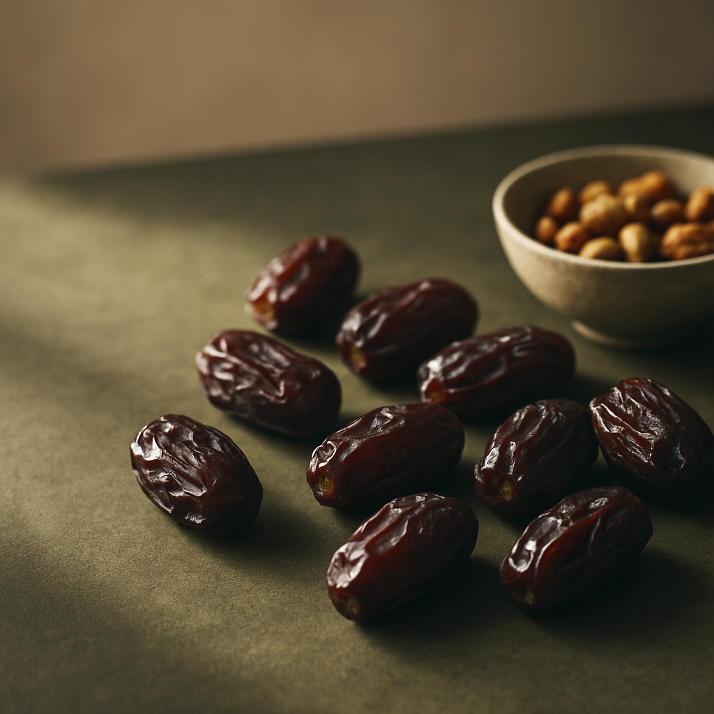Premium Piarom dates arranged on a deep olive stone surface in a studio setting